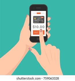 Mobile payment concept, vector. Women's hands holding smartphone and paying for something.