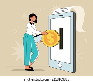 Mobile payment concept. Woman inserts coin into smartphone screen. Banking and ewallet. Transactions and transfers on Internet. Poster or banner for website. Cartoon flat vector illustration