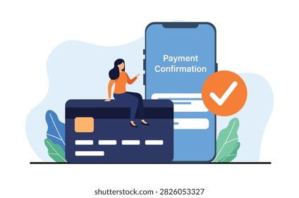 Mobile payment confirmation with credit card and successful transaction.