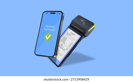 Confirmación de pago móvil. Transacción digital con tarjeta de crédito y smartphone. El terminal POS imprime al Comprobante después del pago exitoso.