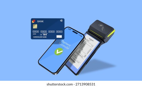 Confirmação de Pagamento por Celular. Transação digital com cartão de crédito e smartphone. O terminal POS imprime o recibo após o pagamento bem-sucedido.