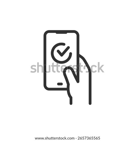 Mobile payment confirmation, linear icon. Secure app transaction. Line with editable stroke.