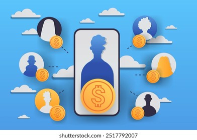 Mobile payment connections concept with user silhouettes coins and clouds on a blue background paper cut style