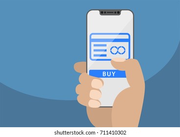 Mobile payment and credit card concept displayed on frameless touchscreen as vector illustration. Hand holding bezel free smartphone with icon of credit card