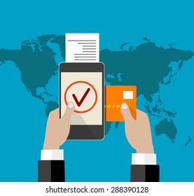 mobile payment credit card, hand holding phone, flat design