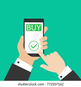 Mobile payment credit card, hand holding phone, flat design vector