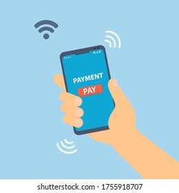 Mobile payment credit card with smartphone, hand holding phone.