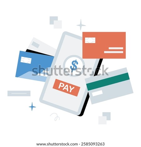 Mobile Payment With Credit Cards And Digital Wallet In Flat Vector Illustration Symbolizing Cashless Transactions, Online Banking, And Digital Finance, Isolated On White Background