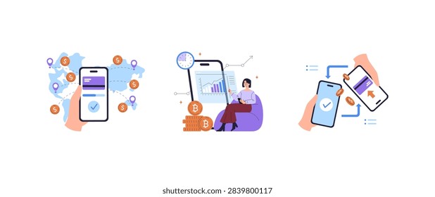 Mobile payment and crypto transfer vector illustration set with smartphone screens, digital wallet, global money exchange, online transaction confirmation, analytics and financial growth