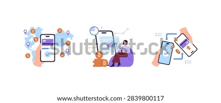 Mobile payment and crypto transfer vector illustration set with smartphone screens, digital wallet, global money exchange, online transaction confirmation, analytics and financial growth