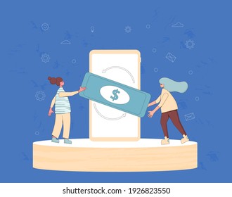Pago móvil. Concepto de cambio de divisas. Servicios financieros. Criptodivisa. Dinero digital. Devolución de efectivo.  Dos diminutas adolescentes con un teléfono enorme y dinero. Ilustración vectorial plana de arte de línea. 