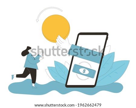 Mobile payment. Currency exchange concept. Financial services. Cryptocurrency. Digital money. Cash back. Teenage girls with huge phone and money. Line art flat vector illustration. 