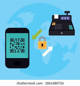 mobile payment design with cash register and smartphone
