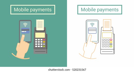 Mobile payment design concept with terminal and hand hand push on phone screen. Flat and linear symbol or icon design