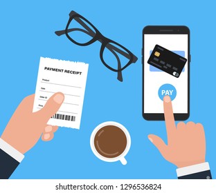 Mobile payment. Design vector illustration concepts payment online. smartphone with bills credit card.Top view Coffee, glasses lay on the table