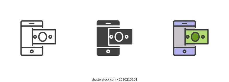 Mobile payment different style icon set. Line, glyph and filled outline colorful version, outline and filled vector sign. Smartphone with money bill symbol, logo illustration. Vector graphics