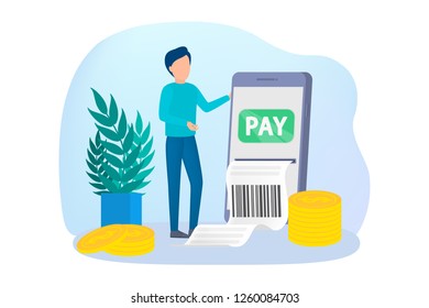 Mobile payment. Digital money transaction through modern device. Electronic technology concept. Vector illustration in cartoon style
