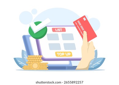 Mobile Payment und Digital Wallet Concept. Online-Zahlungstransaktionssystem. Aufstockungsfonds. Aufladen oder Kontosaldo mithilfe einer App hinzufügen. Flache Designgrafik.