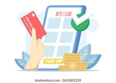 Mobile Payment und Digital Wallet Concept. Online-Zahlungstransaktionssystem. Aufstockungsfonds. Aufladen oder Kontosaldo mithilfe einer App hinzufügen. Flache Designgrafik.