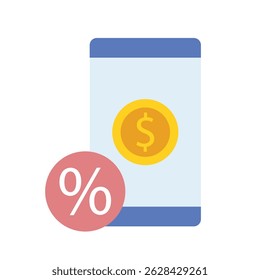 Mobile payment and discount concept. A smartphone displays a gold coin with a dollar sig