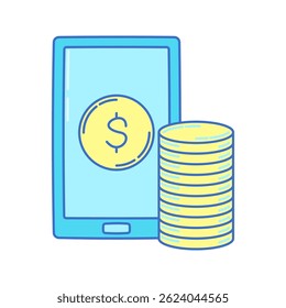 Mobile Payment Doodle-Stil, Smartphone-Bildschirm mit Münzsymbol und -stapeln, ideal für Fintech-, Digital Banking- oder Online-Zahlungsdesigns.