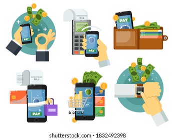 Mobile payment. E-banking service and mobile application for wireless, contactless or cashless payment vector icon. Smartphone, smart wristwatch, POS terminal money transferring illustration