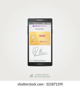 mobile payment and electronic signature concept with credit card and safe smartphone application. vector business design technology icons