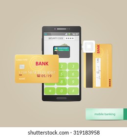 mobile payment and electronic wallet concept with credit card and safe smartphone application, vector