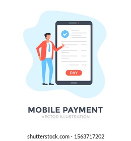 Mobile payment. Flat design. Money transfer, pay online, digital wallet, payment technology concepts. Business people and mobile phone, smartphone. Vector illustration