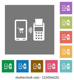 Mobile payment flat icons on simple color square backgrounds