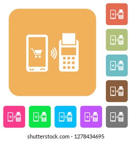Mobile payment flat icons on rounded square vivid color backgrounds.