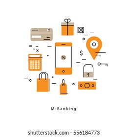 Mobile payment flat line business vector illustration design banner. Concepts for online payment, online shopping, bank wire transfer, money transfer with smartphone for mobile and web graphics