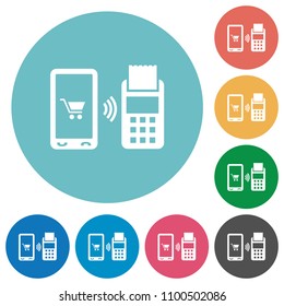 Mobile payment flat white icons on round color backgrounds
