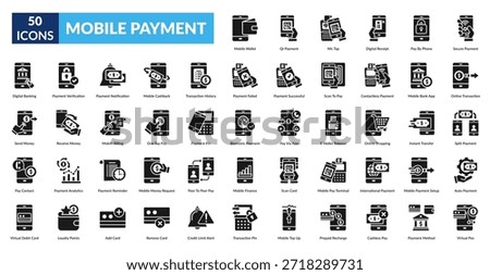 Mobile Payment Glyph Icon Set. Add Card, App Pay, Auto Payment, Banner, Biometric Auth, Cashback Offer, Cashless Pay