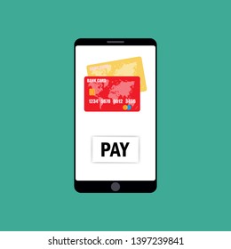 Mobile Payment for goods, services, shopping using smartphone. Online banking, pay with phone. Credit card on screen, button pay
