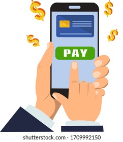 Mobile Payment for goods, services, shopping using smartphone. Online banking, pay with phone. Credit card on screen, button pay, smartphone in man hands. Vector illustration