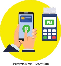 Mobile Payment for goods, services, shopping using smartphone. Online banking, pay with phone. Credit card on screen, button pay, smartphone in man hands. Vector illustration