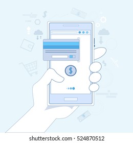 Mobile Payment Hand Hold Cell Smart Phone With Credit Card Vector Illustration