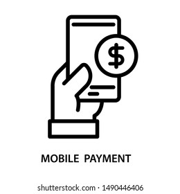Mobile payment. Hand holding mobile with dollar coin. Stroke outline style. Vector. Isolate on white background.