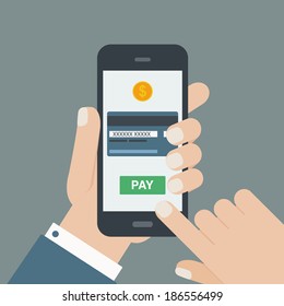 Mobile Payment, Hand Holding Phone, Flat Design