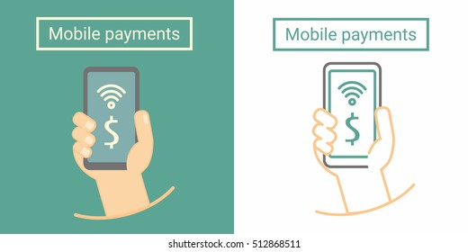 Mobile payment, hand holding phone. Flat and linear symbol or icon design
