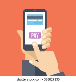 Mobile payment. Hand holds smartphone with online banking and touch pay button. Flat design concept for web banners, web sites, printed materials, infographics. Creative vector illustration