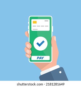 Mobile payment in hand illustration in flat style. Online shopping vector illustration on isolated background. NFC pay sign business concept.