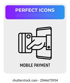 Mobile payment: hand puts out credit card from smartphone. Modern vector illustration.