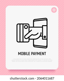Mobile payment: hand puts out credit card from smartphone. Modern vector illustration.