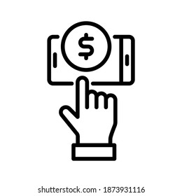 Mobile payment. Hand touch on mobile display with money. Line vector. Isolate on white background.