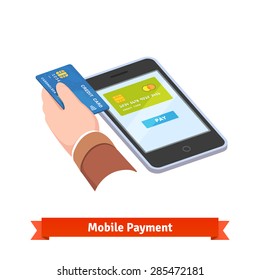 Mobile payment. Human hand holding credit card over tablet computer. Isometric flat style vector icon.