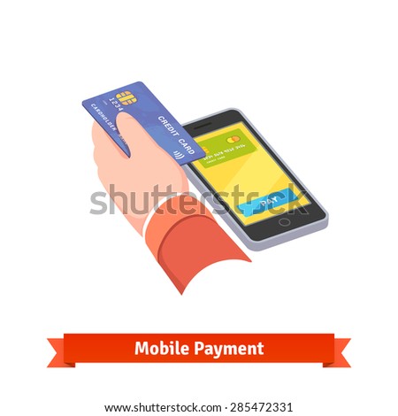 Mobile payment. Human hand holding credit card over mobile phone. Isometric flat style vector icon.