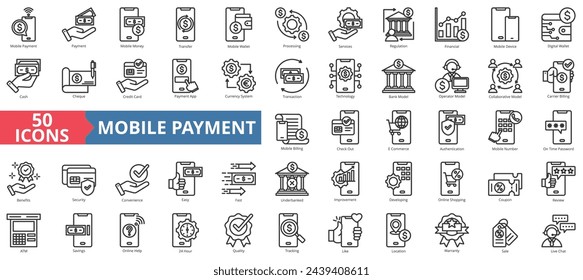 Mobile payment icon collection set. Containing money, transfer, authentication, process, services, regulation, financial icon. Simple line vector illustration.