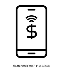 Mobile payment icon, dollar with WiFi  sign on mobile screen. Stroke outline style. Vector. Isolate on white background.